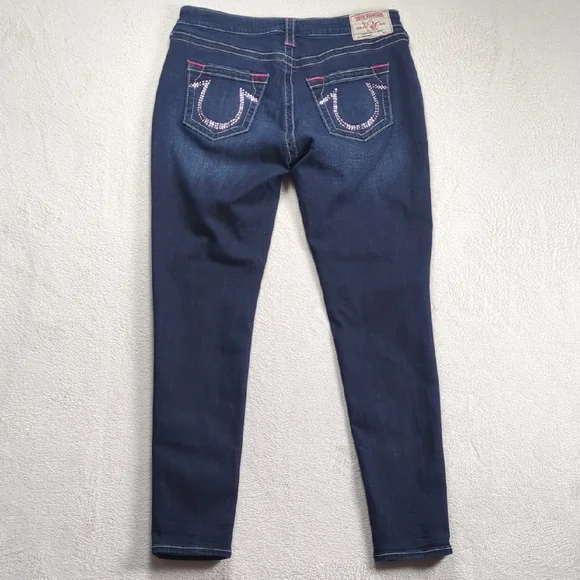 True Religion Crystal Horseshoe Skinny Jeans Dark Wash Pink Stitch 31 - Picture 2 of 10